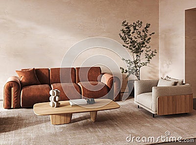 Contemporary classic white beige livingroom with plants and decor - carpet background. Light modern japanese lamp and Cartoon Illustration