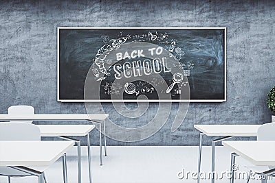 Contemporary classroom interior wuth creative back to school sketch on chalkboard. Education, knowledge, and wisdom concept. 3D Stock Photo