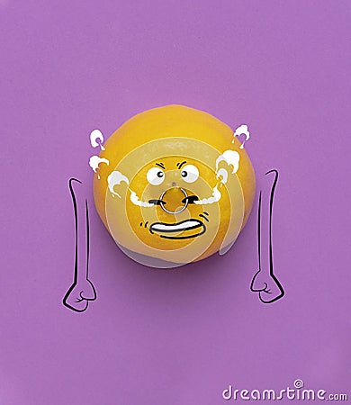 Contemporary collage. Cute angry lemon isolated over purple background. Drawn citrus in a cartoon style. Funny meme Stock Photo