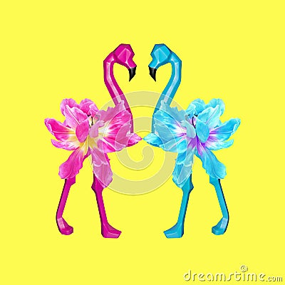 Contemporary collage. Pink and blue flamingos on a yellow background. The concept of love, relationship, holiday. Stock Photo