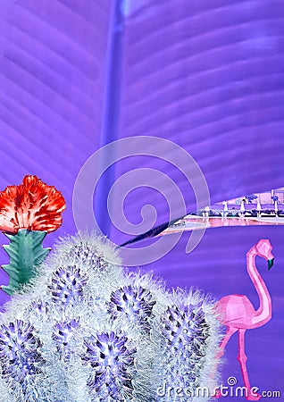 Contemporary collage. Pink flamingos and multi-colored cacti against the background of a purple palm leaf through which the pool Stock Photo