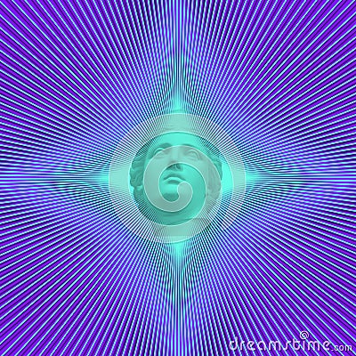 Contemporary collage. Sculpture of the head of an ancient mythological goddess against the background of glowing neon rays. Art Stock Photo