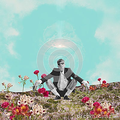 Contemporary collage. Surreal art design with stylish young man enjoying time at futuristic natural landscape. Concept Stock Photo