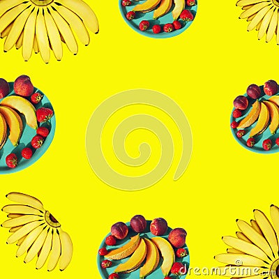 Contemporary collage. Top view on bananas and a plate with melon, peaches and strawberries on a yellow background. The Stock Photo