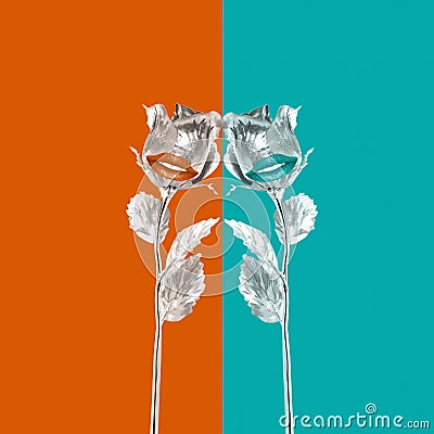Contemporary collage. Two roses with silver lips and smiles on an orange-turquoise background. The concept of psychology Stock Photo