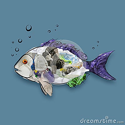 Contemporary conceptual art collage with drawn fish filled with garbage and plastic waste. Pollution, saving environment Stock Photo