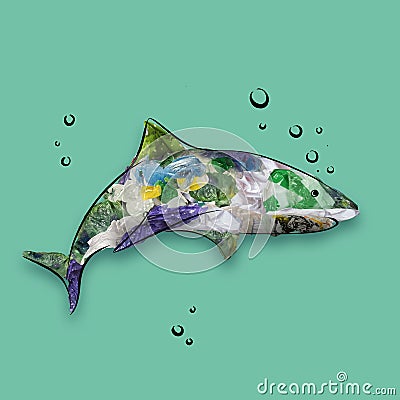 Contemporary conceptual art collage with drawn fish shark filled with garbage and plastic waste. Pollution, saving Stock Photo