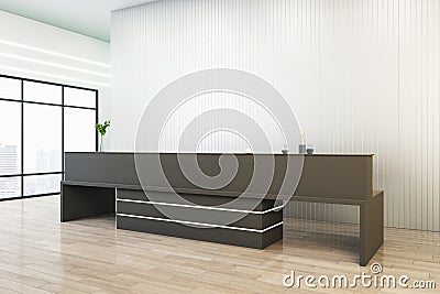 Contemporary concrete office interior with window and city view, wooden flooring, black reception desk and mock up place on wall. Stock Photo