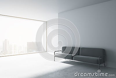 Contemporary concrete office waiting area with window and city view, comfortable couch and blank mockup place on wall. Mock up, 3D Stock Photo