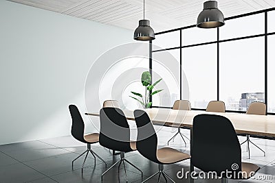 Contemporary concrete and wooden meeting room office interior with panoramic windows, city view, lamps and furniture. 3D Stock Photo