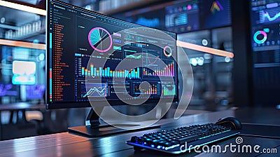 Contemporary Data Analysis: Computer Monitor Displaying Histograms and Pie Charts Stock Photo