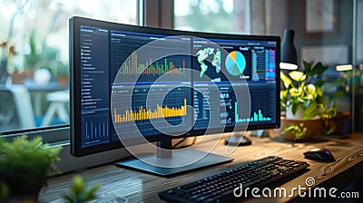 Contemporary Data Analysis: Computer Monitor Displaying Histograms and Pie Charts Stock Photo