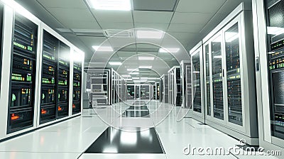 Within the contemporary data center, sleek rows of servers vibrate softly, illuminating a space dedicated to advanced computing Stock Photo