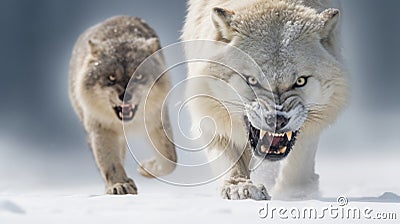 Contemporary Depiction Of Trapped Emotions: Running Wolves In Snow Stock Photo