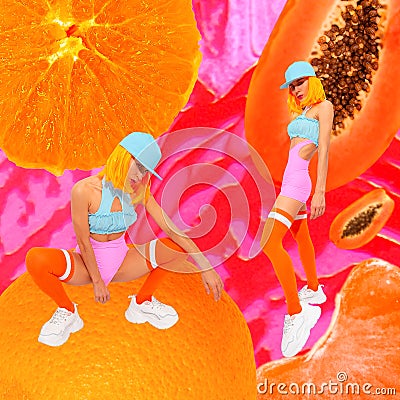 Contemporary digital collage art. Fashion Girl back in 90s. Pop zine, skate, street, urban culture. Stylish summer orange fresh Stock Photo