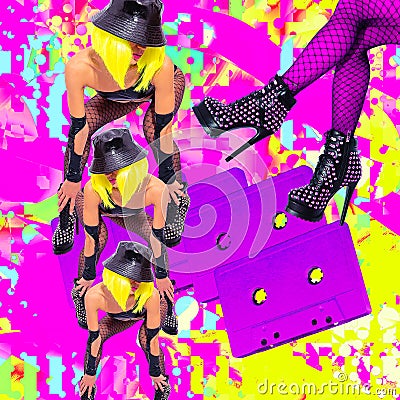 Contemporary digital collage art. Urban girls back in 90s style. Pop zine culture in trendy colorful space. Fashion, party, Stock Photo