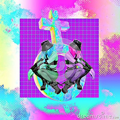 Contemporary digital collage art. Urban girls back in 90s style. Pop zine culture. Woman symbol. Fashion, adult shop, clubbing, Stock Photo