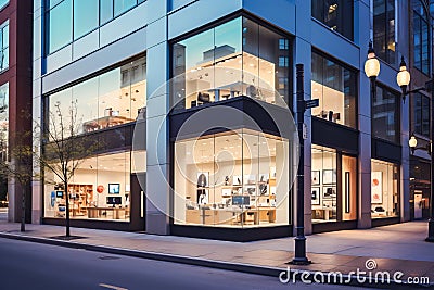 Contemporary electronics store facade with minimalist design, ambient lighting, and large windows showcasing high-tech Stock Photo