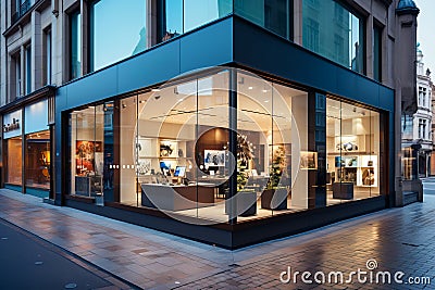 Contemporary electronics store facade with minimalist design, ambient lighting, and large windows showcasing high-tech Stock Photo