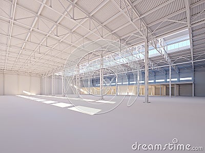 Contemporary empty white warehouse illuminated by sunlight 3d illustration Cartoon Illustration