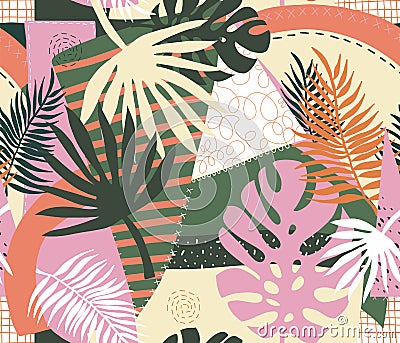 Contemporary floral palm leaves and abstract patchwork collage shapes seamless vector pattern. Repeating modern vibrant summer Vector Illustration