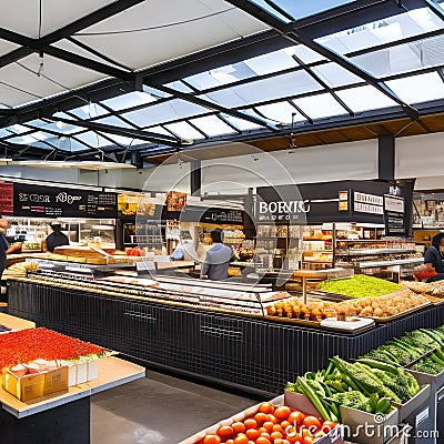 231 A contemporary food market with a wide variety of gourmet vendors, bustling food stalls, and communal seating areas, celebra Stock Photo