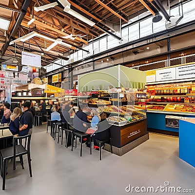 231 A contemporary food market with a wide variety of gourmet vendors, bustling food stalls, and communal seating areas, celebra Stock Photo