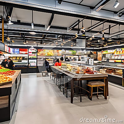 231 A contemporary food market with a wide variety of gourmet vendors, bustling food stalls, and communal seating areas, celebra Stock Photo