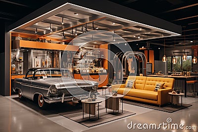 Contemporary garage design with refined metallic accents and striking color accent Stock Photo