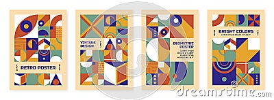 Contemporary geometric funky design. Unusual banners collection, unique abstract blocks graphic. Retro basic tiles Vector Illustration