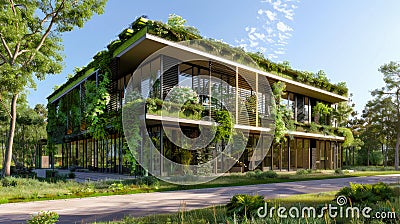 Contemporary green building. Green modern building with plants growing on the facade Stock Photo