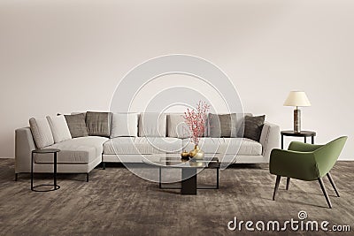 Contemporary grey living room with green armchair Stock Photo