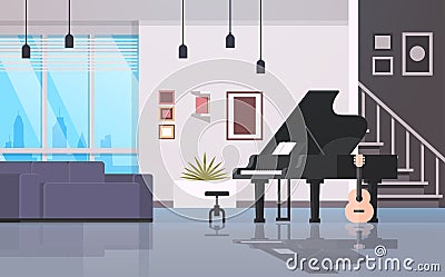 Contemporary home hall musical instruments piano guitar empty house room modern apartment interior flat horizontal Vector Illustration