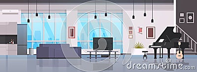 Contemporary home hall musical instruments piano guitar empty nobody house room modern apartment interior flat Vector Illustration