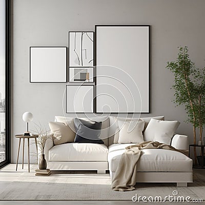 Contemporary Interior with White Sofa and Vertical Frame Mockup Stock Photo