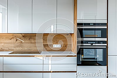 Modern white and wooden kitchen with sleek cabinets and integrated appliances Stock Photo