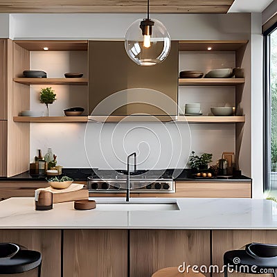 A contemporary kitchen with a waterfall island, pendant lights, and open shelving1 Stock Photo