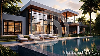 A contemporary L-shaped home with seven bedrooms, showcasing a minimalist allure. Stock Photo