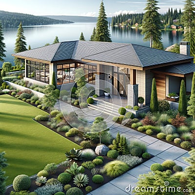 Contemporary Lakehouse Upscale New Executive Home Exterior Estate Designer Mansion House Under Construction AI Generated Stock Photo
