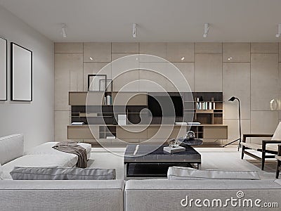Contemporary living with big white sofa and large beige wall system with TV Stock Photo