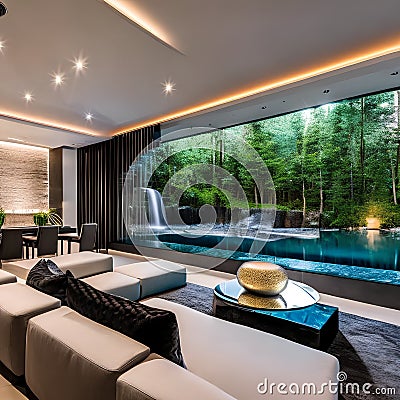 A contemporary living room with a built-in indoor waterfall, modern sculptures, and mirrored walls3, Generative AI Stock Photo