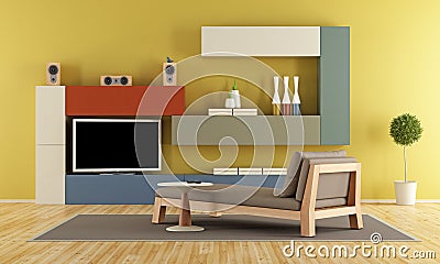 Contemporary Living room with colorful wall unit Stock Photo