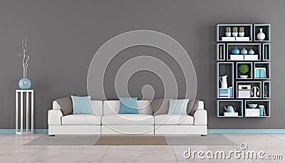 Contemporary living room with couch and bookcase Stock Photo