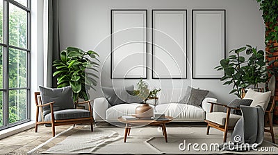 Modern Living Room with Neutral Tones and Greenery Stock Photo