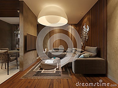 Contemporary living room with a large corner sofa and designer white semicircular chandelier, evening light Stock Photo