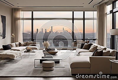 Contemporary Living Room with Large Windows Overloaded with Beauty: High Detailed City View Photography Stock Photo