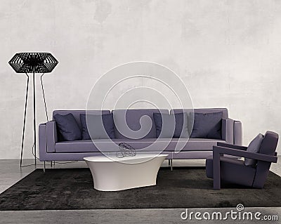 Contemporary living room with purple sofa Stock Photo