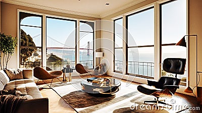Contemporary Living Room with Stunning Golden Bridge View Stock Photo