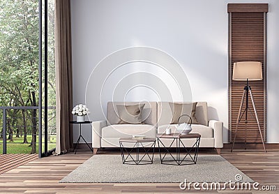 Contemporary living room with tropical garden view 3d render Stock Photo