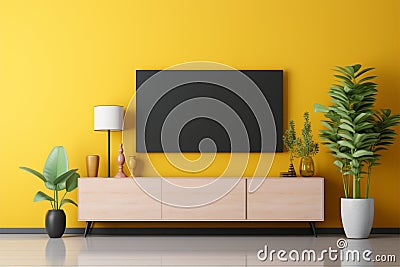 Contemporary living space boasts a TV wall console with table, lamp, and plant on a bright yellow wall Stock Photo